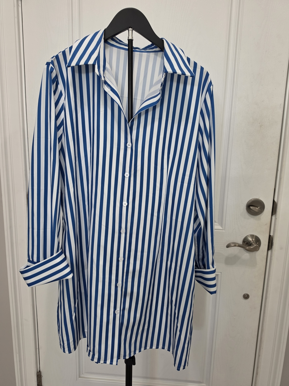 Blue and White Striped Button-Up Shirt Dress With Pockets